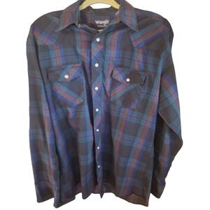 Wrangler Western Shirt Plaid Long Sleeve Cowboy Y2K Mens Size L Tall Pearl Snaps
